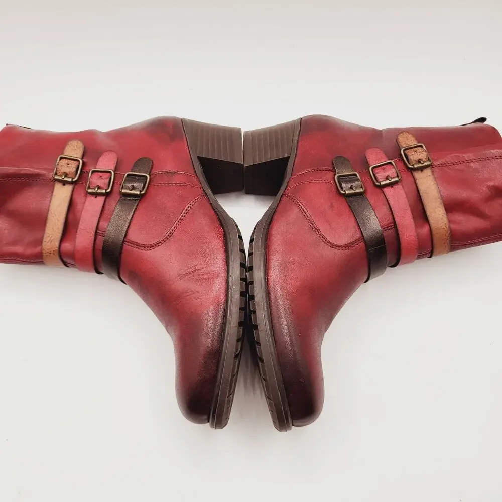 Remonte Red Leather Burnished Toe Tri-Colored Straps 2" Heel Artistic Boot Sz 37 - Picture 9 of 14